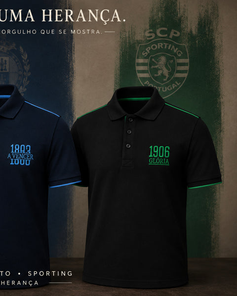 Two polo shirts displayed against a textured dark background: a black shirt in front with green trim and '1906 GLORIA' text on the chest, and a navy shirt behind it with blue trim and '1909 AVENGER 1996' text. Sporting Portugal branding is visible.