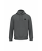 A dark gray pullover hoodie with a small black circular logo on the left chest, displayed on a clean white background.