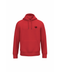 A red pullover hoodie with a small black circular logo on the left chest, displayed on a clean white background.