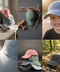 A six-panel collage showcasing children's baseball caps in different settings and colors. The panels include a smiling child wearing a light blue cap, a close-up of a light blue cap texture, a stack of pastel caps (pink, blue, green, gray) on a dark surface, a green cap hanging on a wooden rack, and a gray cap resting on a mossy log in a forest.