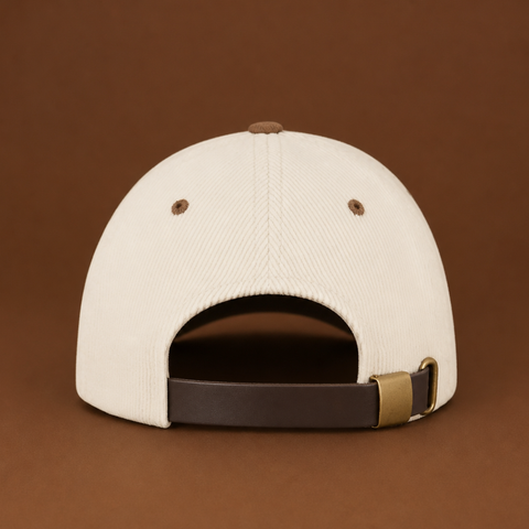 The back of a cream-colored corduroy baseball cap with a dark brown adjustable strap and a brass buckle, set against a solid brown background.