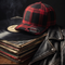 A red and black plaid baseball cap with a visible '903' sticker on the brim, styled on top of stacked vinyl records next to a black leather jacket against a dark smoky background.