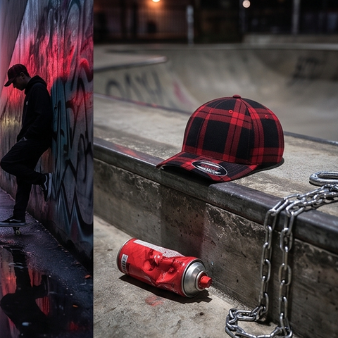 A red and black plaid baseball cap is displayed on a concrete ledge at a skatepark, next to a red spray can and a silver chain. A vertical split-screen image on the left shows a person in a black outfit leaning against a graffiti-covered wall at night.