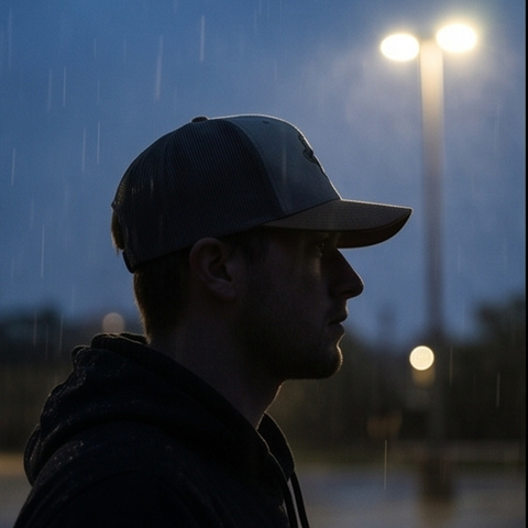 A man in profile wearing a dark trucker cap and a dark hoodie, standing outdoors in the rain under a streetlight at dusk.