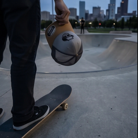 A person at a skatepark holding a tan and gray trucker hat with a black mesh back, standing on a skateboard in front of a city skyline at dusk.