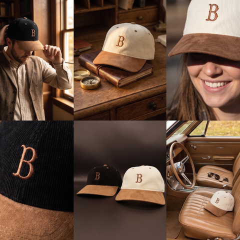 A six-panel collage showcasing baseball caps with a brown embroidered letter 'B' on a cream crown and a brown suede visor, worn by a man in a vintage car, on a wooden desk, and in close-up detail shots.