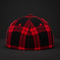 A structured baseball cap featuring a bold red and black buffalo plaid pattern, photographed against a dark, seamless studio background.
