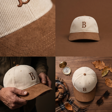 A four-panel collage showing a baseball cap from multiple angles and in use. The cap has an off-white ribbed crown with a brown suede-like visor and a brown embroidered letter 'B' on the front.