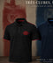 Three club polo shirts from Térros Clubes Collection displayed against a stylized background. The central shirt is black with red trim on the collar and sleeve cuffs, featuring a red '1004 FURGOSSENIM 2024' crest on the left chest.
