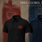 Three club polo shirts from Térros Clubes Collection displayed against a stylized background. The central shirt is black with red trim on the collar and sleeve cuffs, featuring a red '1004 FURGOSSENIM 2024' crest on the left chest.