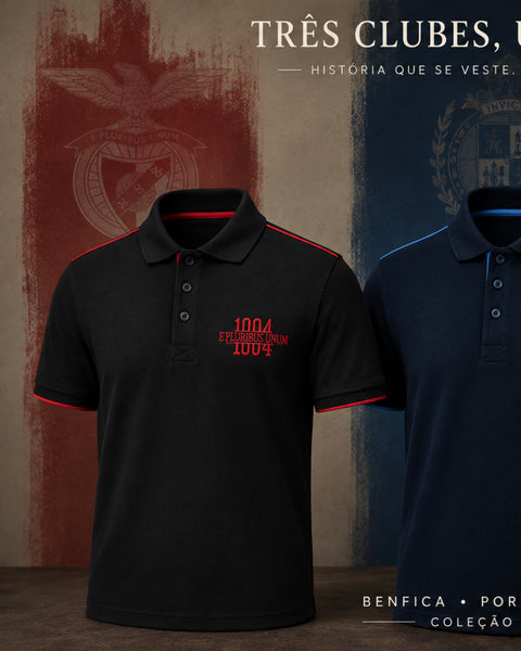 Three club polo shirts from Térros Clubes Collection displayed against a stylized background. The central shirt is black with red trim on the collar and sleeve cuffs, featuring a red '1004 FURGOSSENIM 2024' crest on the left chest.