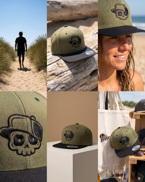 A collage of multiple photos showing an olive green snapback cap with a black brim and a black embroidered skull-and-hat logo. Some panels show the cap on a beach with people wearing it, close-up views of the front and back, and styled product shots on wood and fabric.