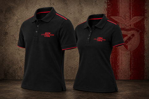 Two black short-sleeve polo shirts displayed on invisible mannequins against a textured brown and red background. Both shirts feature red piping along the collar and sleeve cuffs, and a red embroidered logo on the left chest reading '1904 EST.