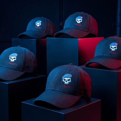 Five black baseball caps displayed on dark geometric pedestals, each featuring an embroidered skull with a blue cap and red 'FINGER' text on the front.