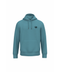 A teal blue pullover hoodie with a drawstring hood, kangaroo pocket, and a small circular black graphic on the left chest, displayed on a solid white background.