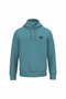 A teal blue pullover hoodie with a drawstring hood, kangaroo pocket, and a small circular black graphic on the left chest, displayed on a solid white background.