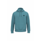 A teal blue pullover hoodie with a drawstring hood, kangaroo pocket, and a small circular black graphic on the left chest, displayed on a solid white background.