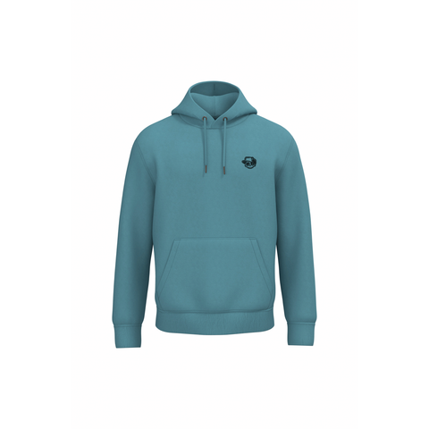 A teal blue pullover hoodie with a drawstring hood, kangaroo pocket, and a small circular black graphic on the left chest, displayed on a solid white background.