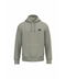 A sage green pullover hoodie with a small black circular graphic on the left chest, displayed on a clean white background.