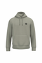 A sage green pullover hoodie with a small black circular graphic on the left chest, displayed on a clean white background.