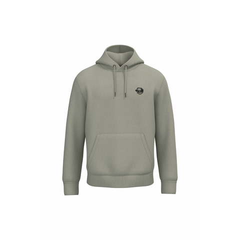 A sage green pullover hoodie with a small black circular graphic on the left chest, displayed on a clean white background.