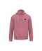 A dusty rose pink pullover hoodie with a small circular black graphic printed on the left chest, displayed on a clean white background.