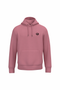 A dusty rose pink pullover hoodie with a small circular black graphic printed on the left chest, displayed on a clean white background.