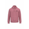 A dusty rose pink pullover hoodie with a small circular black graphic printed on the left chest, displayed on a clean white background.