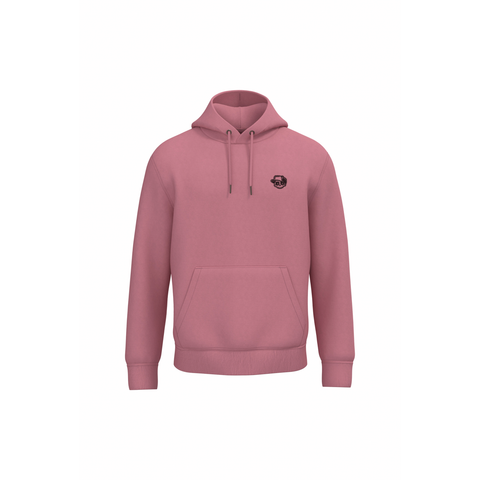A dusty rose pink pullover hoodie with a small circular black graphic printed on the left chest, displayed on a clean white background.