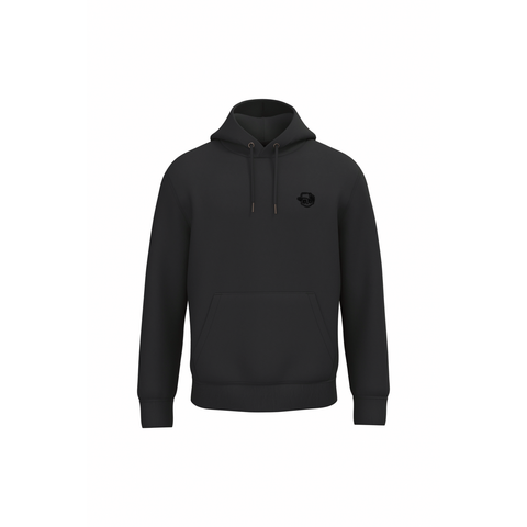 A black pullover hoodie with a small black circular logo on the left chest, displayed on a clean white background.