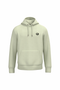 A light sage green pullover hoodie with a small black circular graphic on the left chest, displayed on a solid white background.