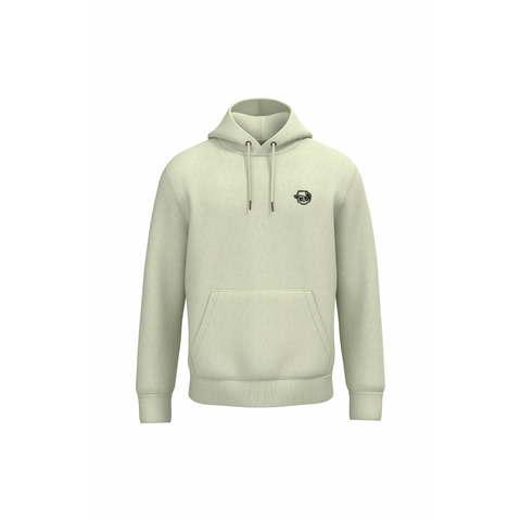 A light sage green pullover hoodie with a small black circular graphic on the left chest, displayed on a solid white background.