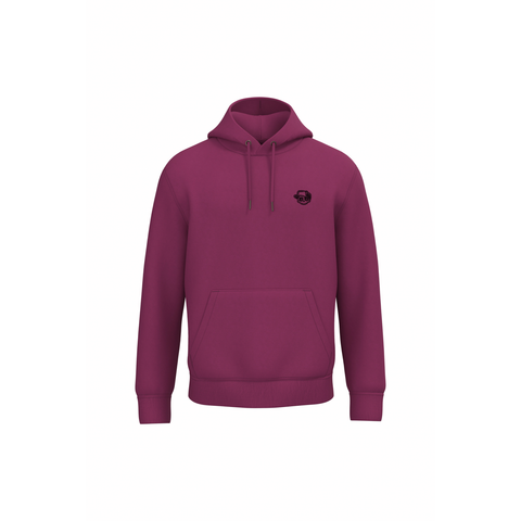 A magenta pullover hoodie with a small black circular graphic on the left chest, displayed on a clean white background.