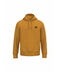 A mustard yellow pullover hoodie with a small black circular graphic on the left chest, displayed on a solid white background.