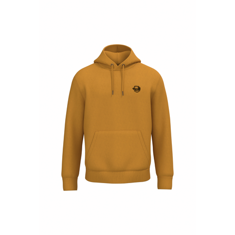 A mustard yellow pullover hoodie with a small black circular graphic on the left chest, displayed on a solid white background.