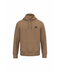 A tan pullover hoodie with a small black circular graphic on the left chest, displayed on a solid white background.
