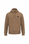 A tan pullover hoodie with a small black circular graphic on the left chest, displayed on a solid white background.