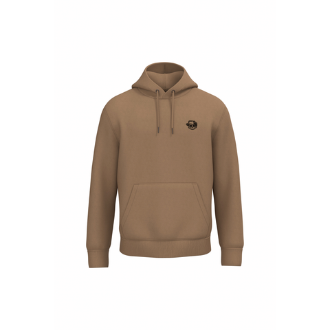 A tan pullover hoodie with a small black circular graphic on the left chest, displayed on a solid white background.