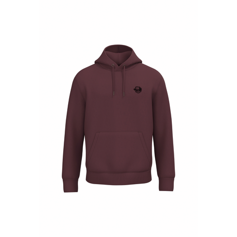 A dark burgundy pullover hoodie with a small black circular logo on the left chest, displayed on a clean white background.