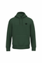 A dark green pullover hoodie with a small black circular logo on the left chest, displayed on a clean white background.