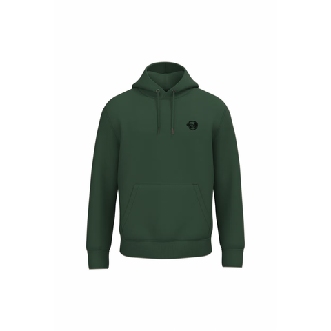 A dark green pullover hoodie with a small black circular logo on the left chest, displayed on a clean white background.