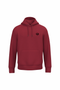A dark red pullover hoodie with a small black circular graphic on the left chest, displayed on a clean white background.