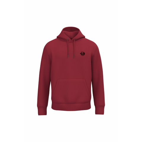A dark red pullover hoodie with a small black circular graphic on the left chest, displayed on a clean white background.
