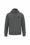 A dark gray pullover hoodie with a small black circular logo on the left chest, displayed on a clean white background.