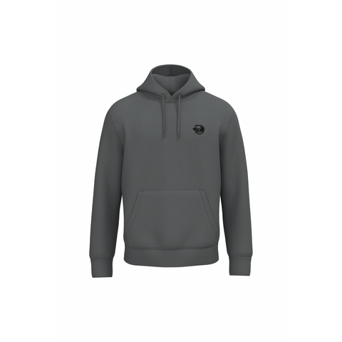A dark gray pullover hoodie with a small black circular logo on the left chest, displayed on a clean white background.