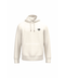 An off-white pullover hoodie with a small black circular graphic on the left chest, displayed on a solid white background.