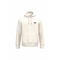 An off-white pullover hoodie with a small black circular graphic on the left chest, displayed on a solid white background.