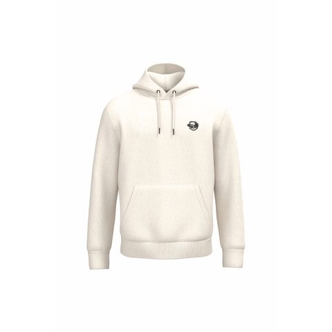 An off-white pullover hoodie with a small black circular graphic on the left chest, displayed on a solid white background.