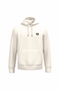 An off-white pullover hoodie with a small black circular graphic on the left chest, displayed on a solid white background.