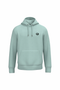 A light mint green pullover hoodie with a small black circular graphic on the left chest, displayed on a solid white background.